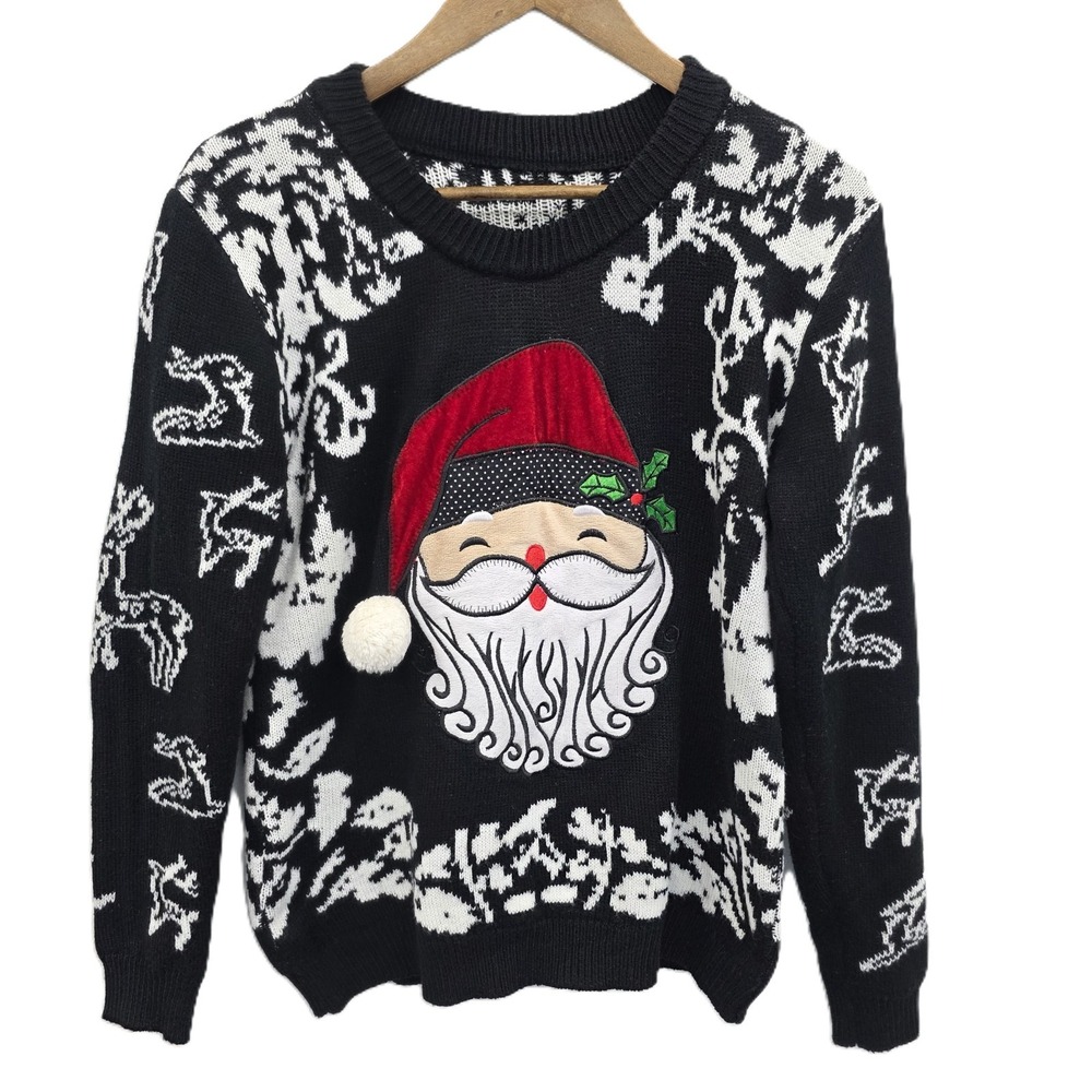 Womens M Black Christmas Santa Sweater Reindeer Knit Long Sleeve Holiday Top‎
